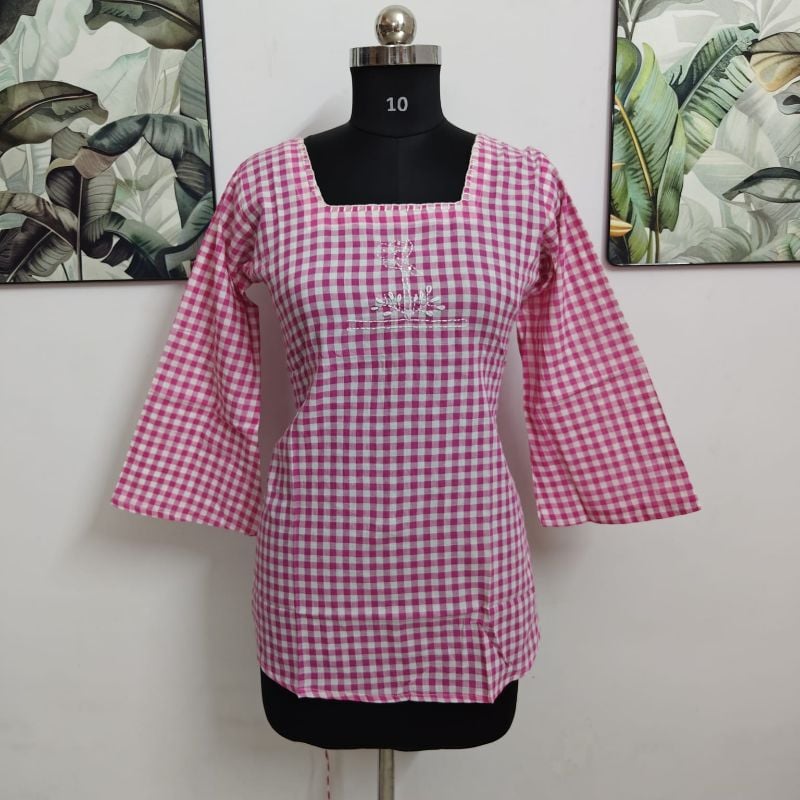 Pink & White Checkered Embroidered Square-Neck Short Kurti