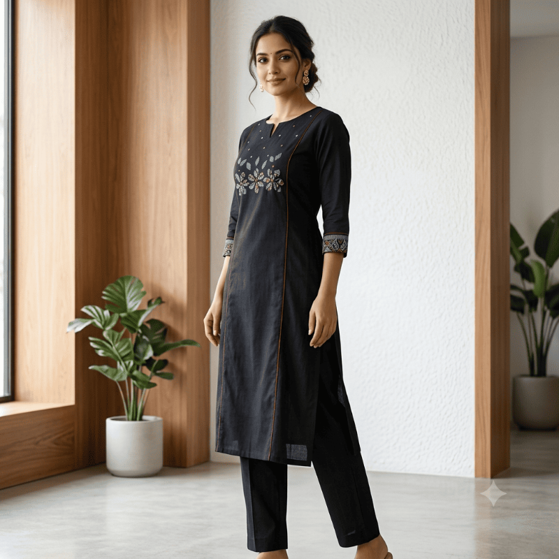 Anvita Black Floral Appliqué Kurta & Pant Set (2-Piece)