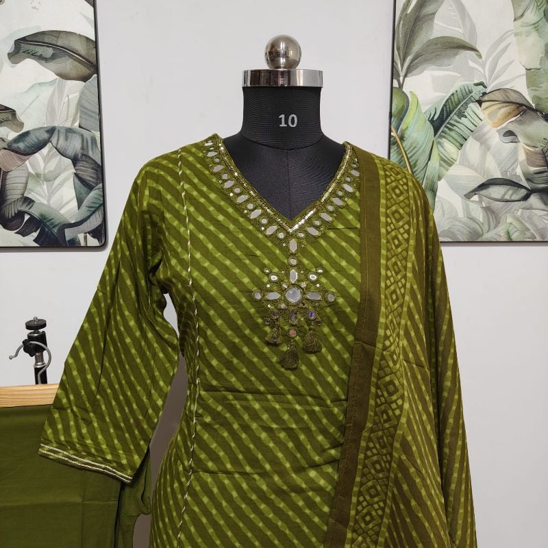Earthy Green Leheriya Print 3-Piece Kurta Set with Mirror Work Neckline