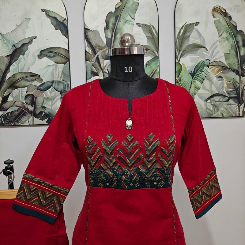 Anvita Crimson Red Zig-Zag Yoke Kurta Set