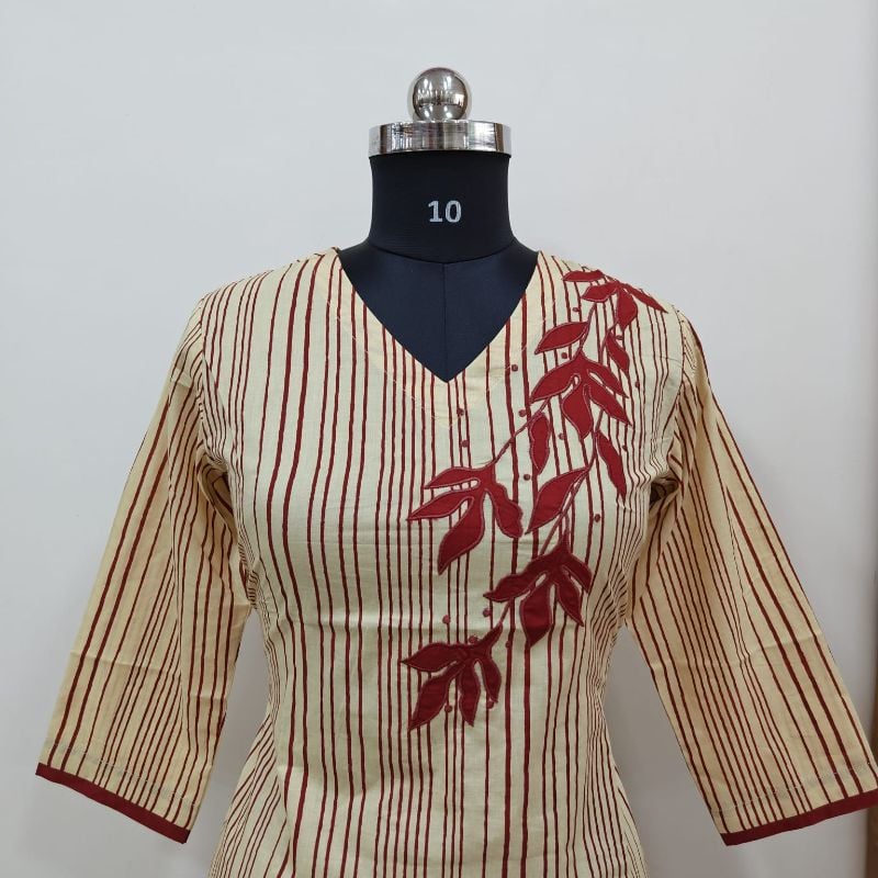 Anvita Beige & Maroon Striped Cotton Kurti with Appliqué Embroidery