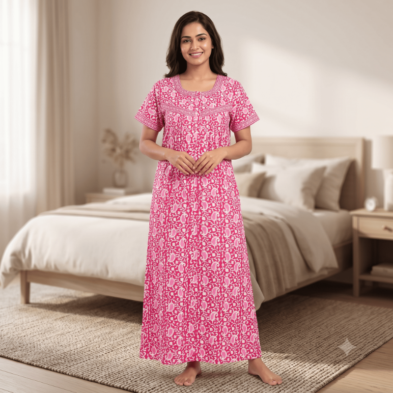 Magenta Pink Kalamkari/Batik Print Cotton Nighty
