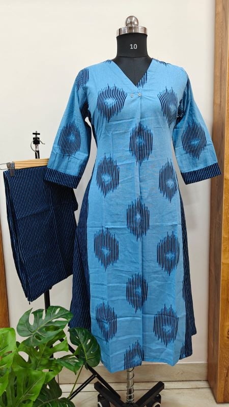 Anvita Sky Blue & Navy Ikat Print 2-Piece Cotton Set