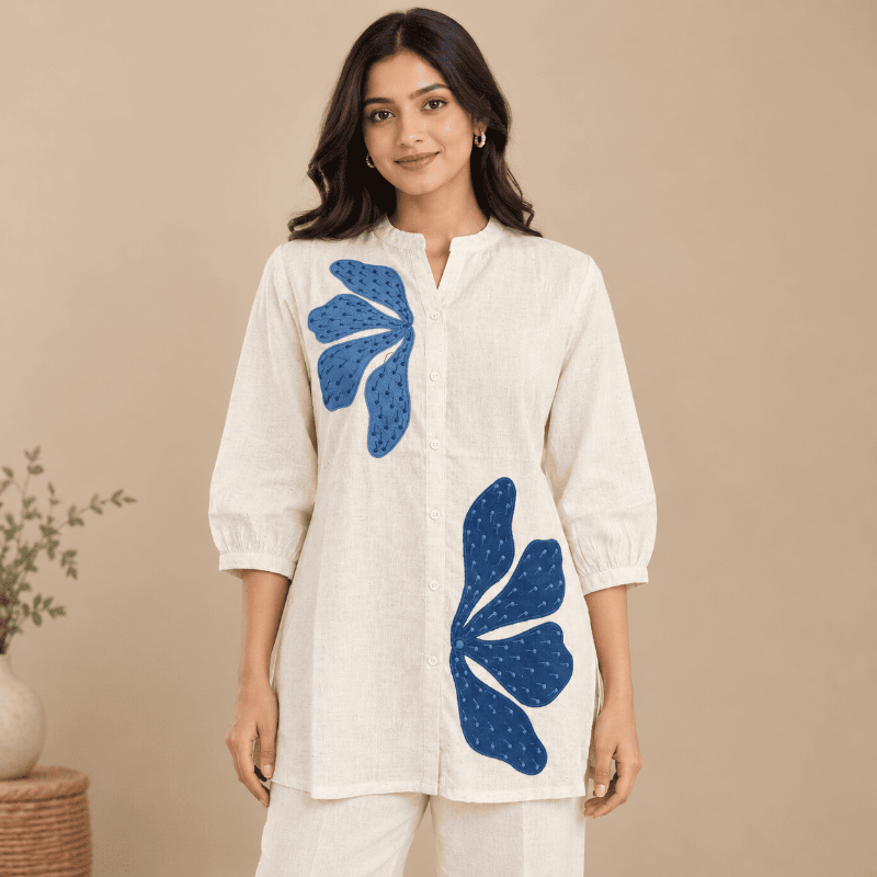 Cream base with Blue Short Kurti