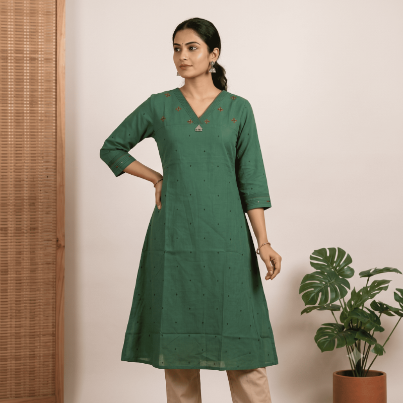 Anvita brand Emerald Green Embroidered V-Neck Kurti