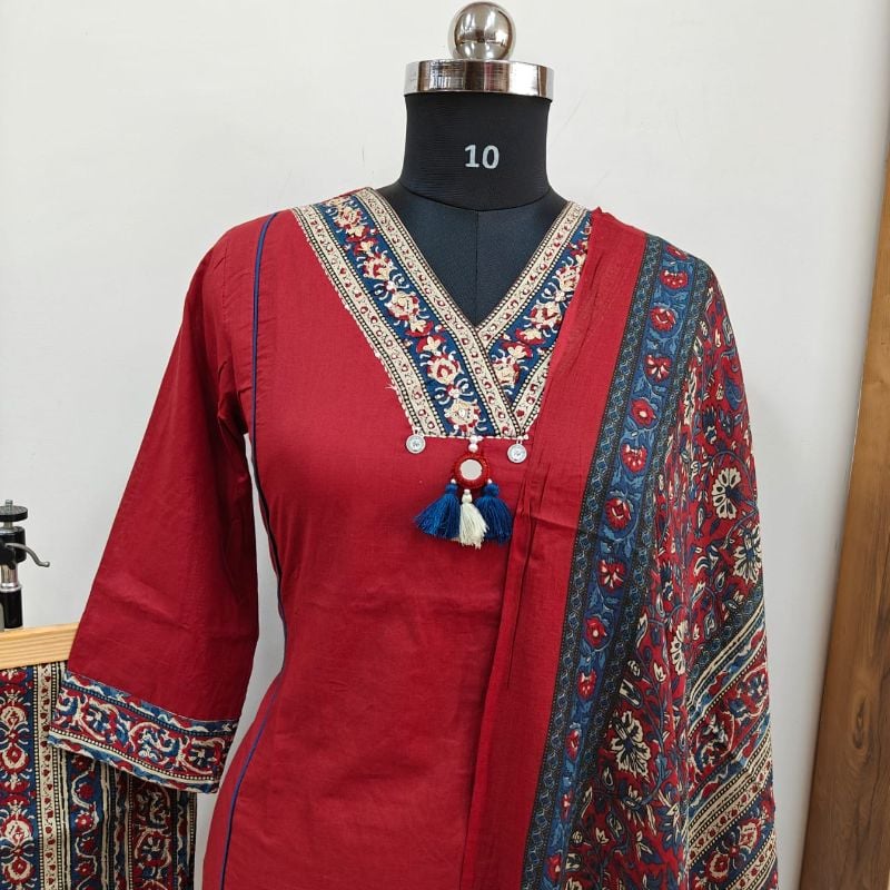 Maroon Kalamkari & Ajrakh Print 3-Piece Kurta Set