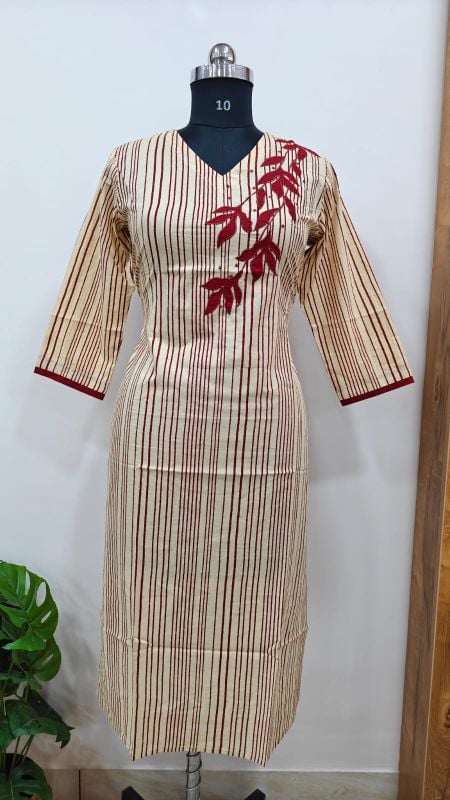 Anvita Beige & Maroon Striped Cotton Kurti with Appliqué Embroidery