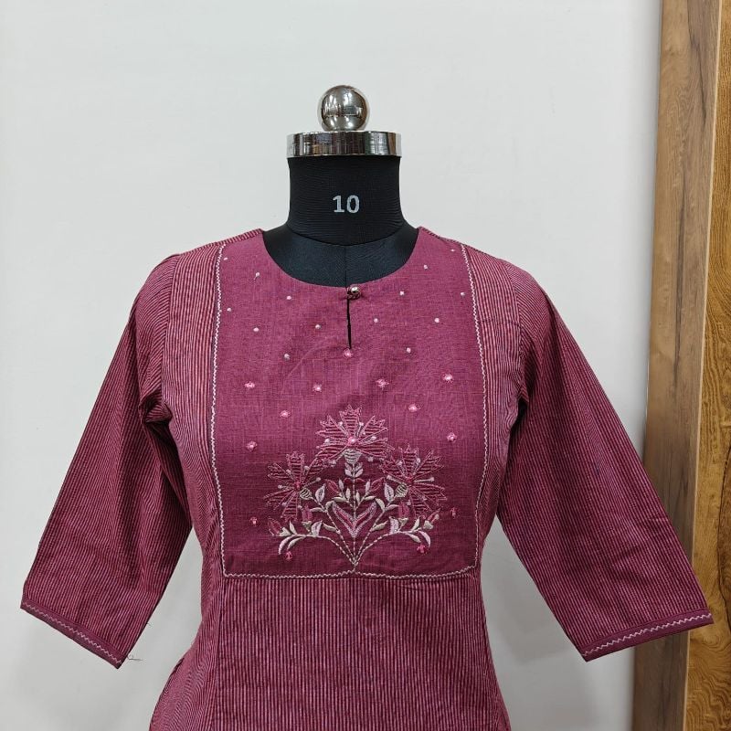 Anvita brand Plum Striped Kurti with Floral Yoke Embroidery