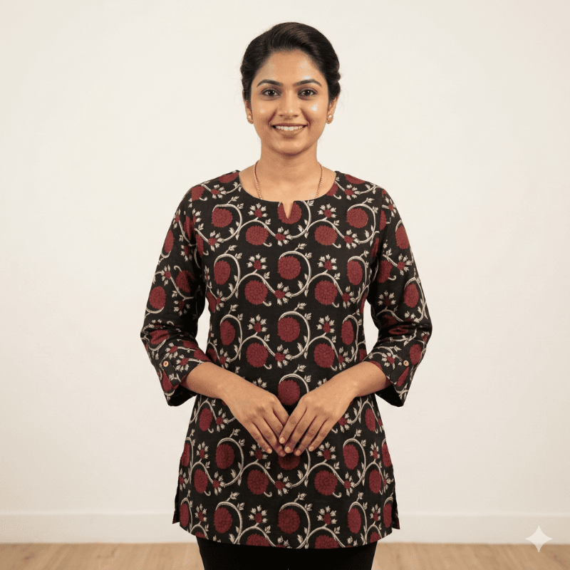 Floral Printed Black Short Kurti / Top