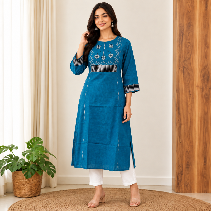 Anvita brand Navy Blue Geometric Embroidered Kurti