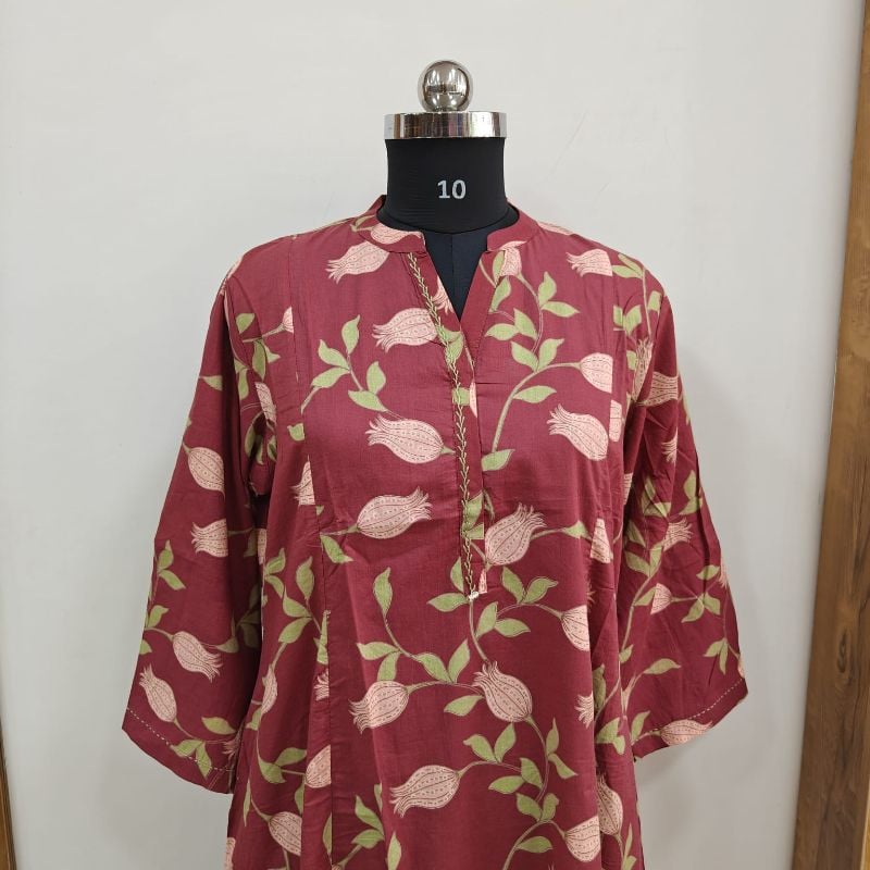 Anvita Maroon Botanical Tulip Print Cotton Kurti