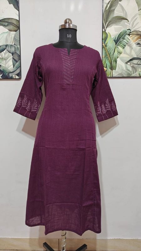 Anvita Deep Purple Embroidered Linen Kurti / Long Top