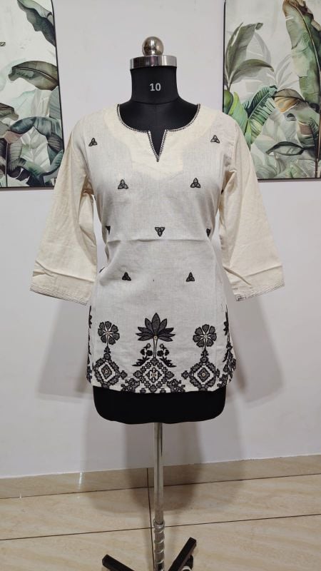 Off-White Floral Embroidered Cotton Short Kurti