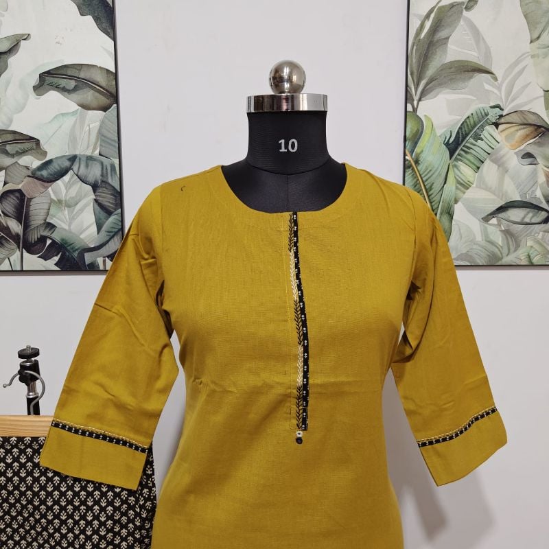 Anvita Vibrant Mustard green & Black Printed 2-Piece Kurti Set