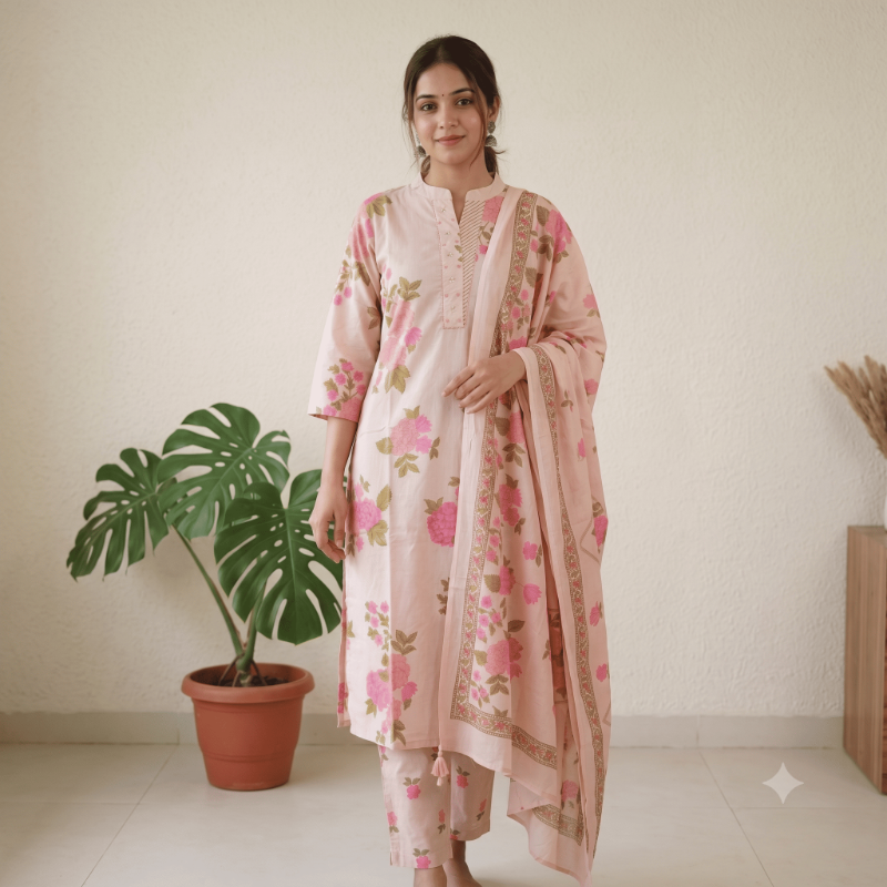 Blush Pink Floral Block Print 3-Piece Kurta Set