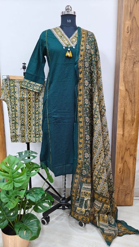 Bottle Green Kalamkari Block Print 3-Piece Kurta Set