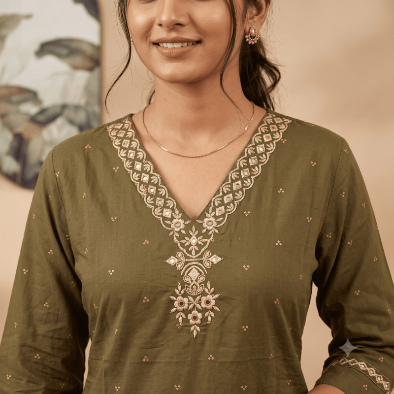 Olive Green Embroidered V-Neck Short Kurti