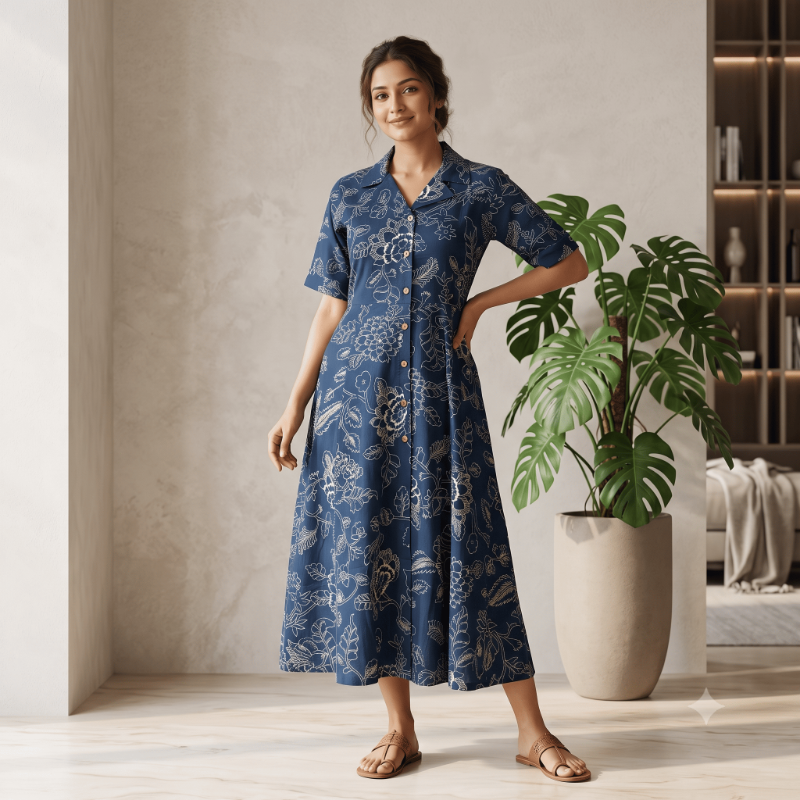 Anvita Line-Art Floral Navy Shirt-Style Maxi Dress