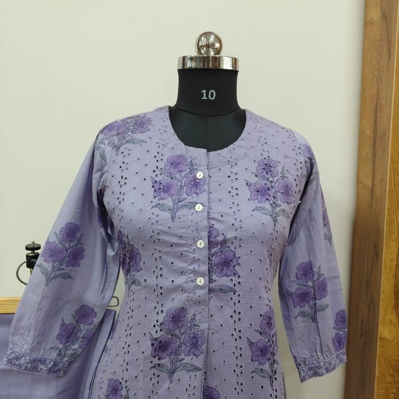 Lilac Floral 2-Piece Kurta Set (Chikankari-inspired)