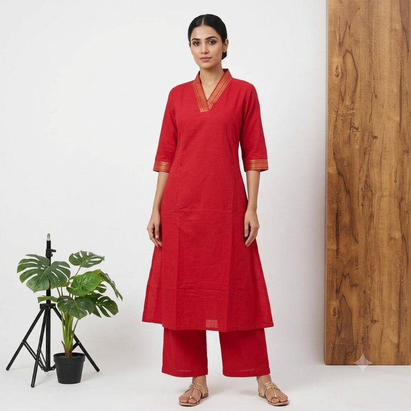 Red Kurta & Pant Set.