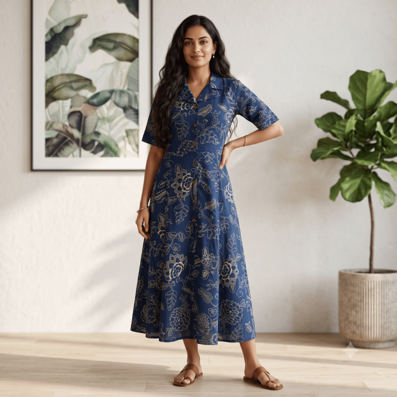 Anvita Indigo Floral Contour Shirt-Style Maxi Dress