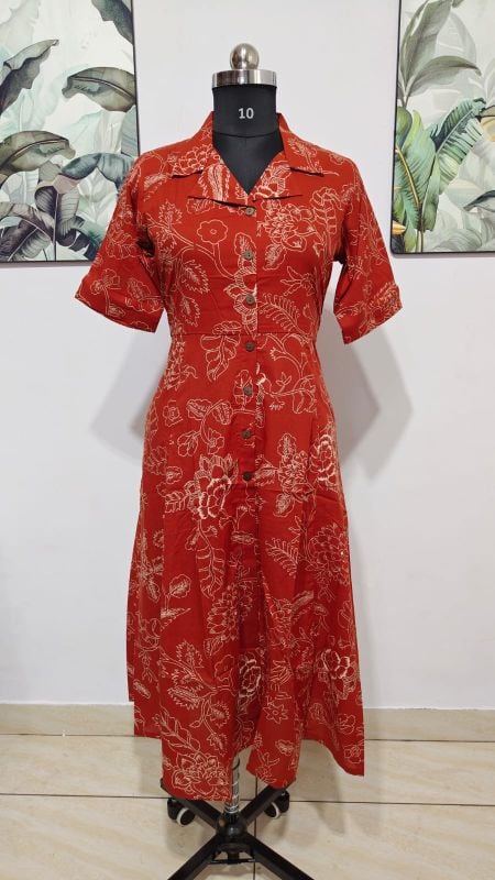 Anvita Rust Lily Floral Shirt-Style Maxi Dress