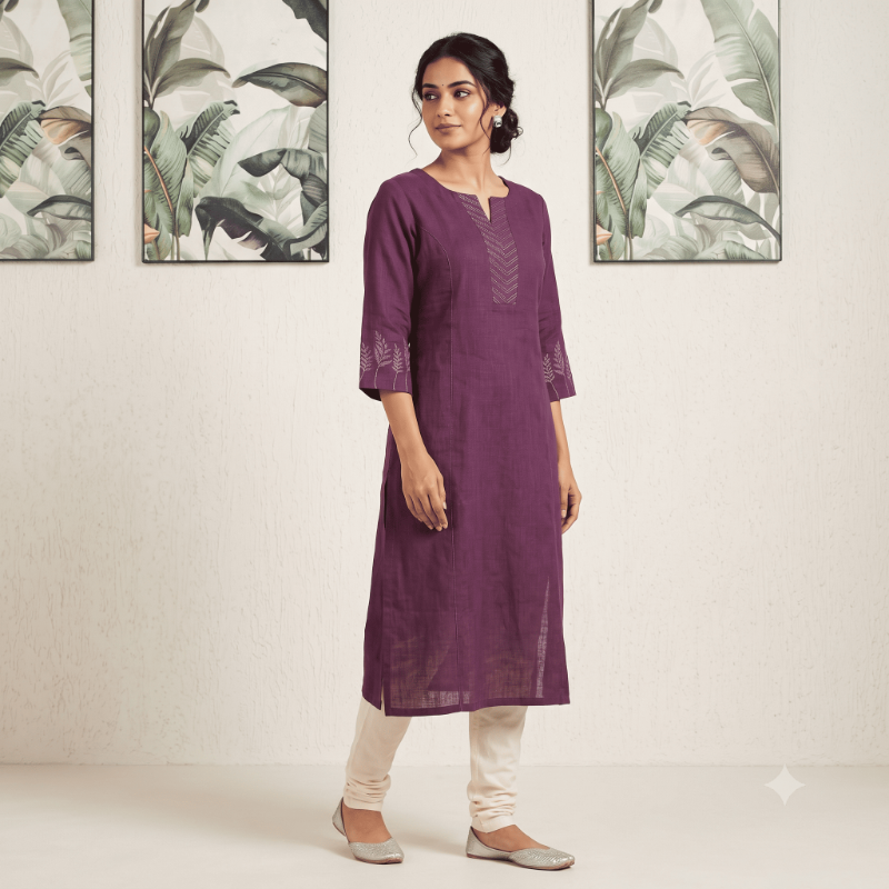 Anvita Deep Purple Embroidered Linen Kurti / Long Top