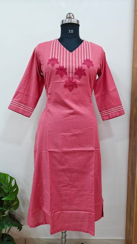 Anvita Coral Pink Cotton Kurti with Embroidery