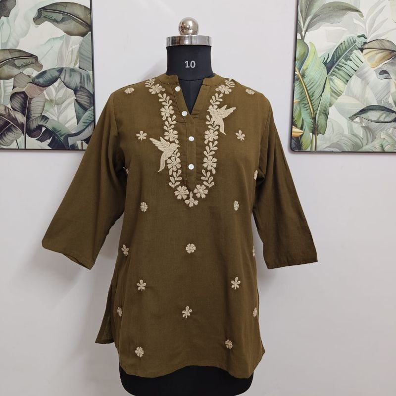 Olive Green Bird & Floral Embroidered Short Kurti