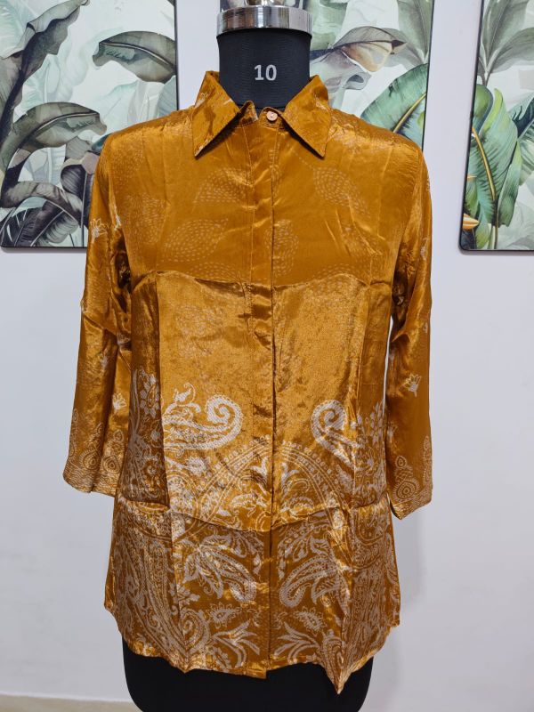 Mustard Gold Printed Silk Blend Shirt Tunic / Top