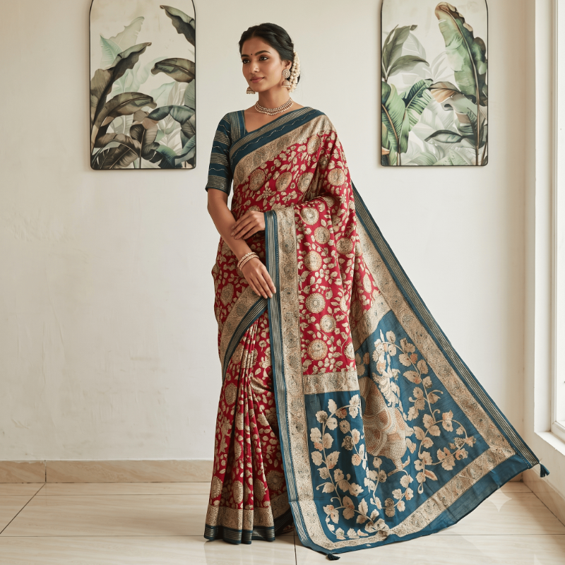 Kalamkari Viscose Crimson Red & Deep Peacock Green  Cotton Sarees