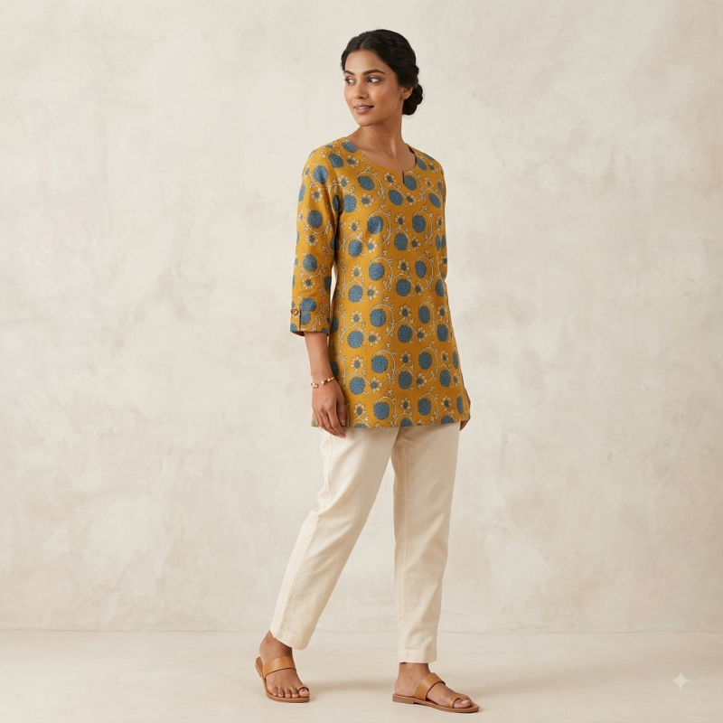 Floral Printed Yellow Short Kurti / Top