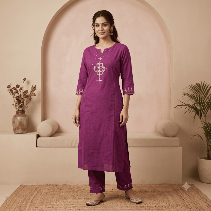 Anvita Purple Geometric Embroidered Kurta Set