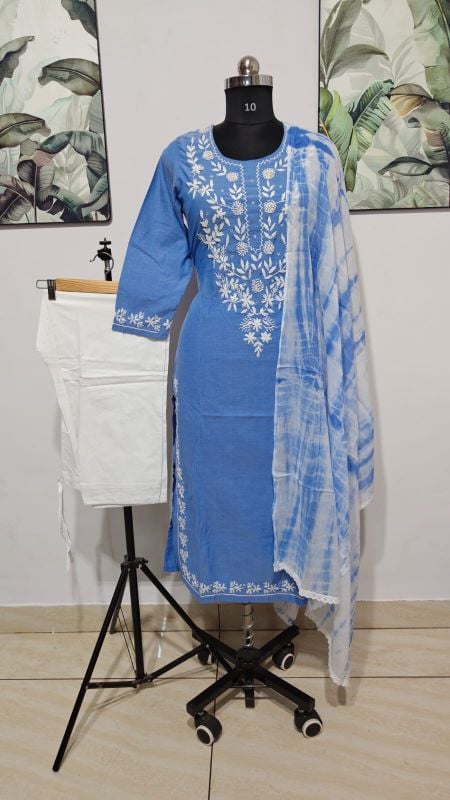 Sky Blue Chikankari Hand-Embroidered 3-Piece Kurta Set with Tie-Dye Dupatta