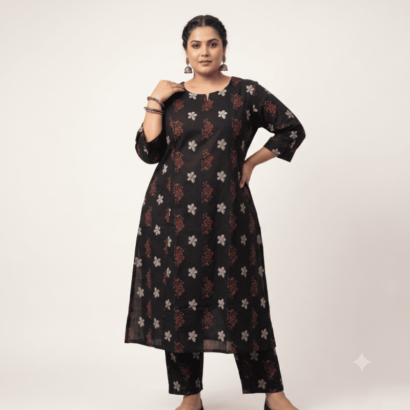 Anvita Black Rose Motif Slub Cotton Kurti
