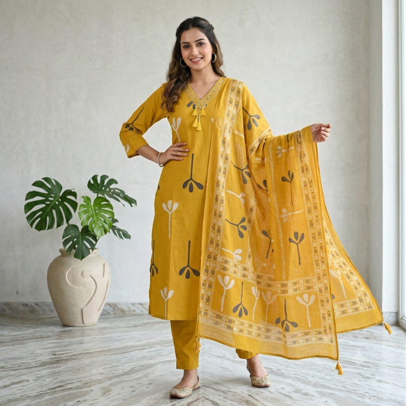 vibrant mustard-yellow 3-piece Indian ethnic suit set