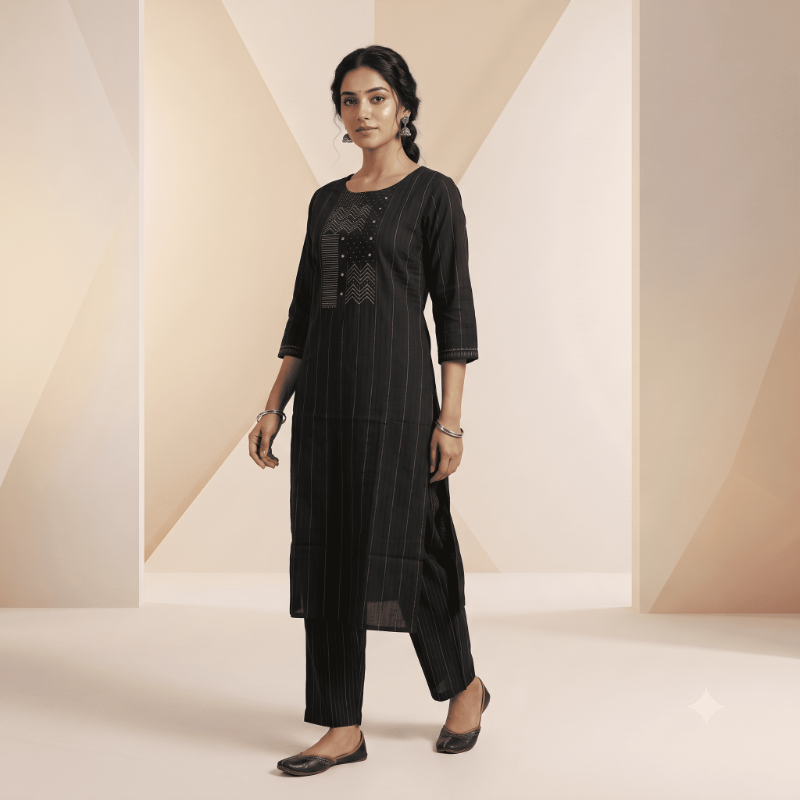Anvita Charcoal Black Striped Yoke-Embroidered Kurta