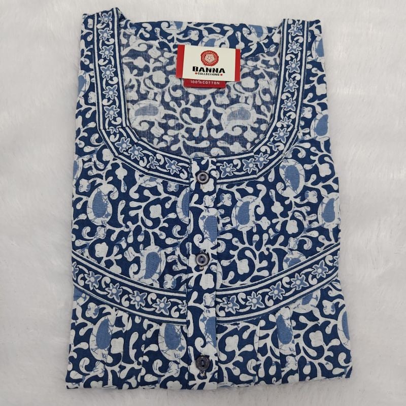 Indigo Blue & White Kalamkari/Batik Print Cotton Nighty
