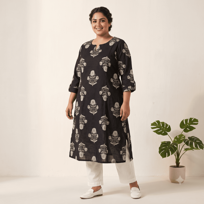 Anvita Black Floral Motif Slub Cotton Kurti