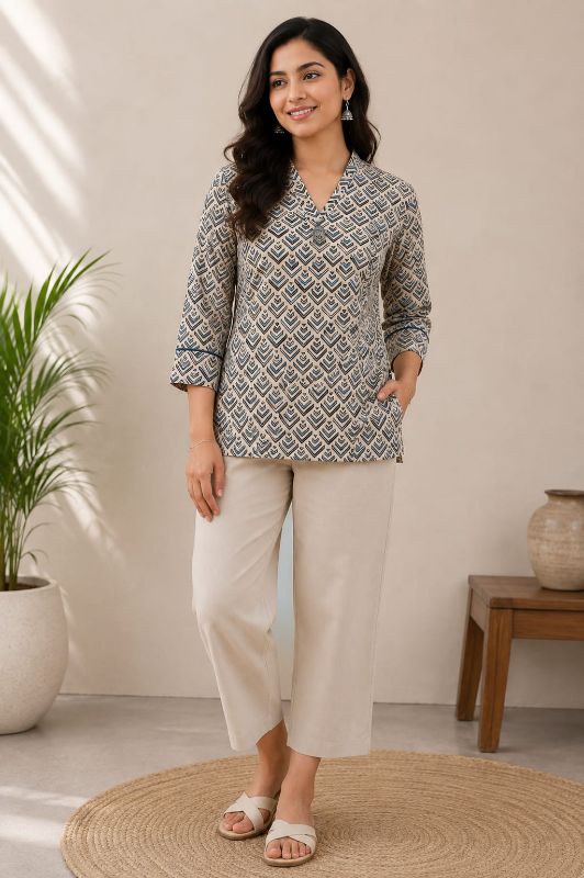 Anvita Beige & Slate Geometric Block-Printed Short Kurti