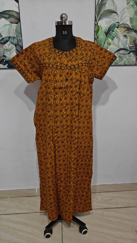 Vibrant Mustard Yellow Ethnic Floral Printed Cotton Nighty.