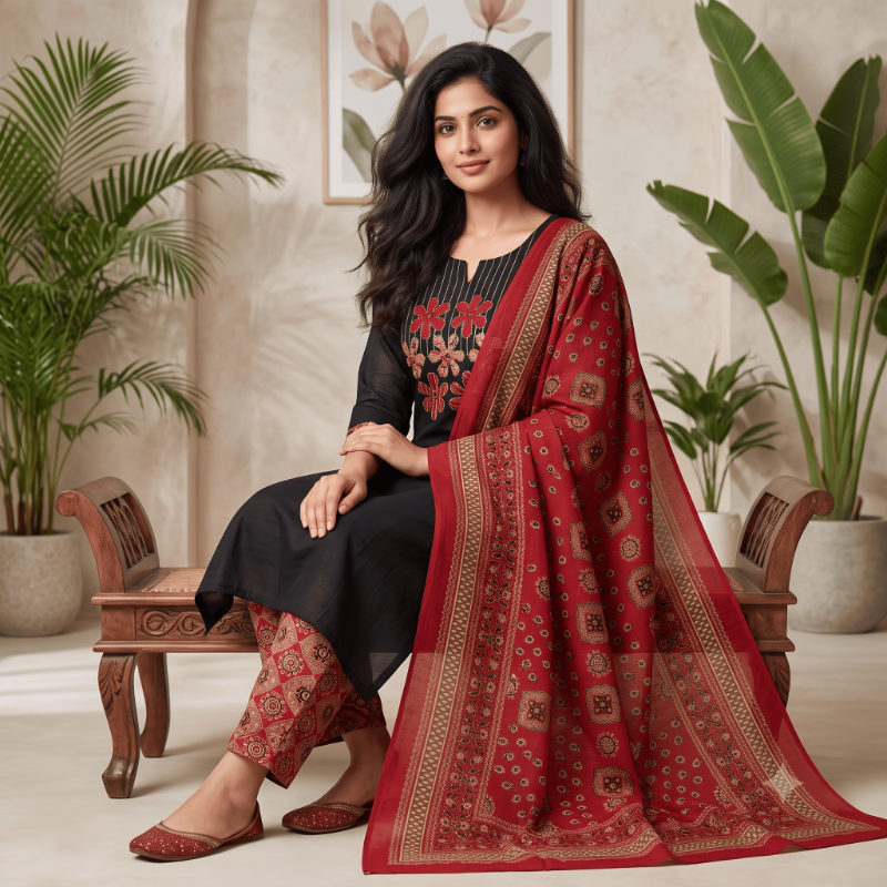 Elegant Black Floral Embroidered 3-Piece Kurta Set