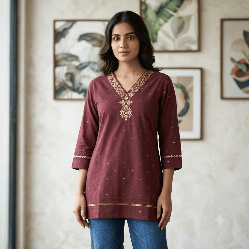 Maroon Embroidered V-Neck Short Kurti