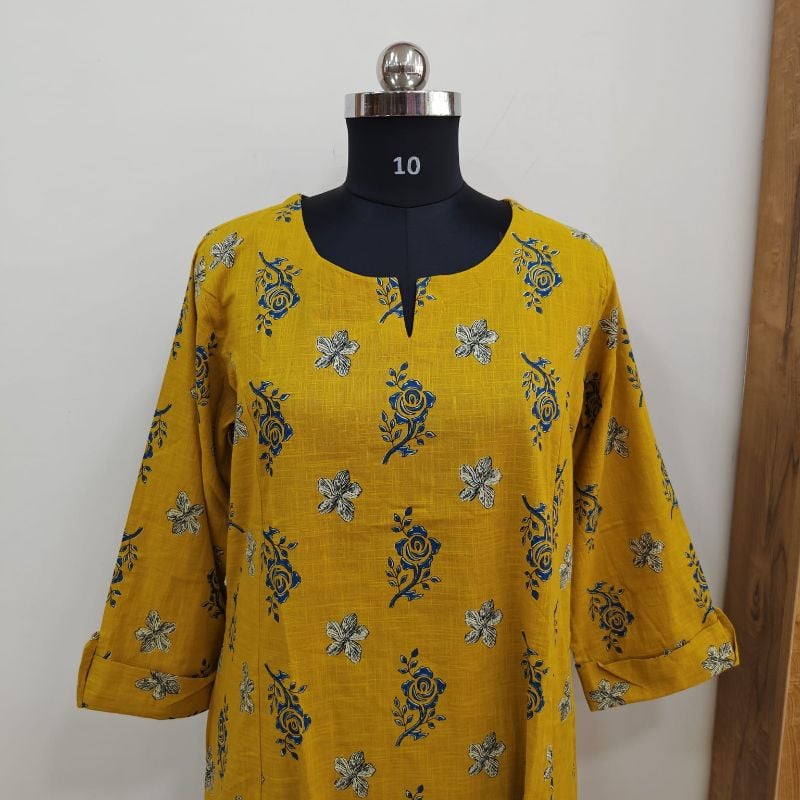 Anvita Mustard Yellow Rose Motif Slub Cotton Kurti