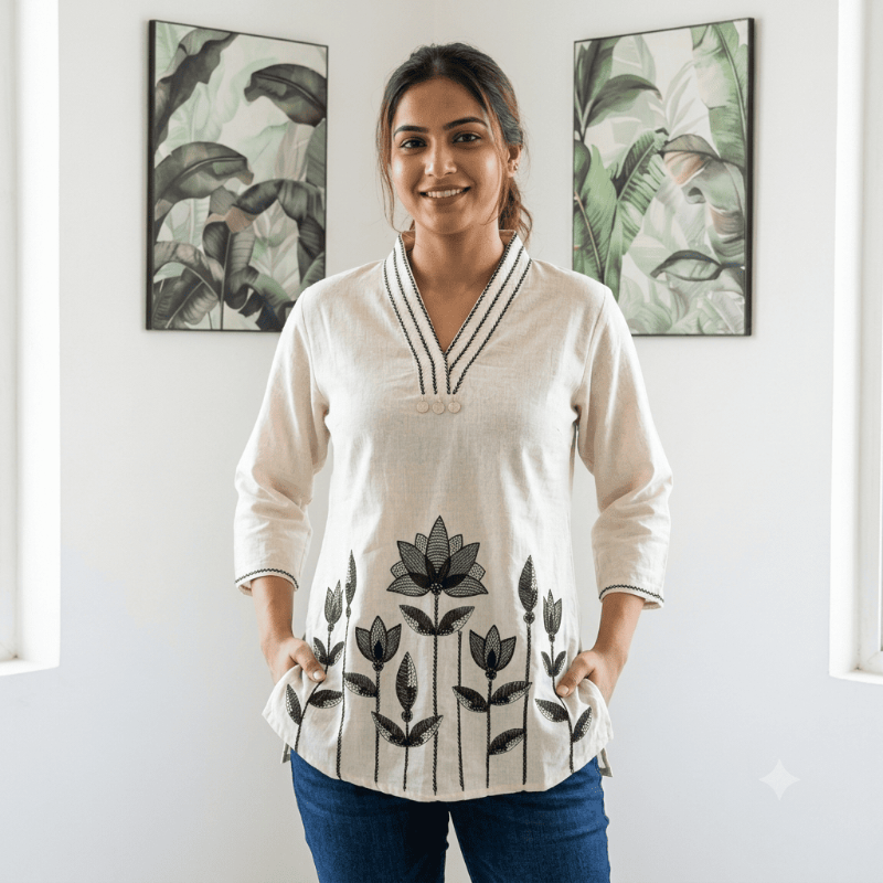 Off-White Lotus Embroidered V-Neck Short Kurti