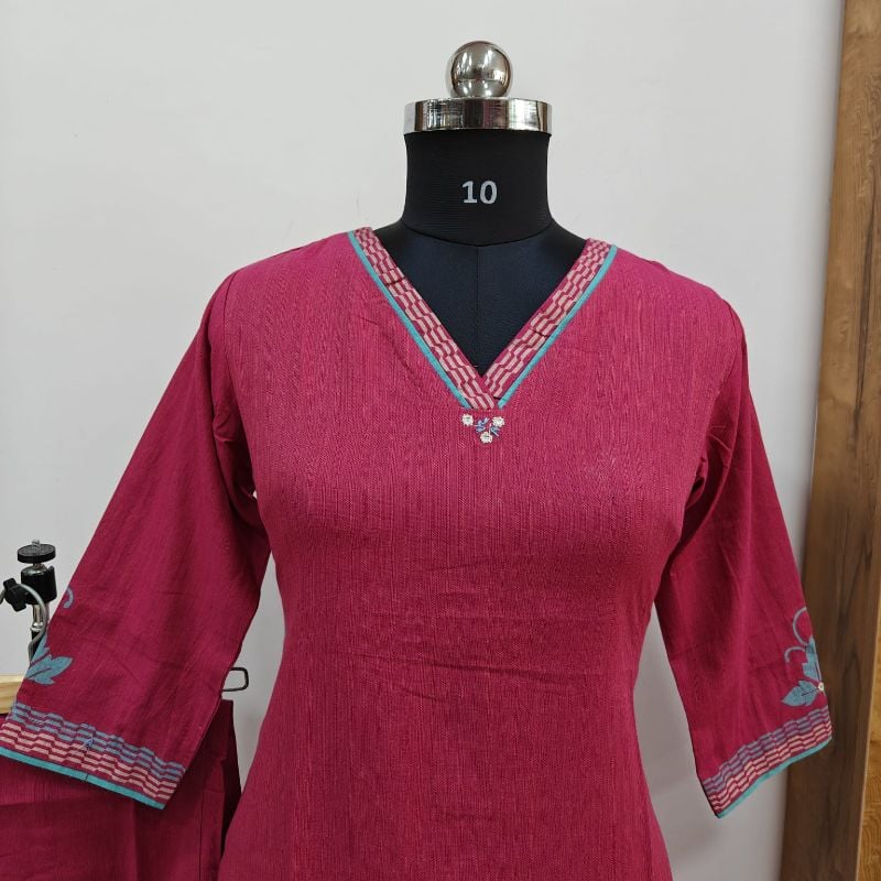 Anvita Deep Magenta-Pink Cotton Kurta Set with Teal Leaf Accents
