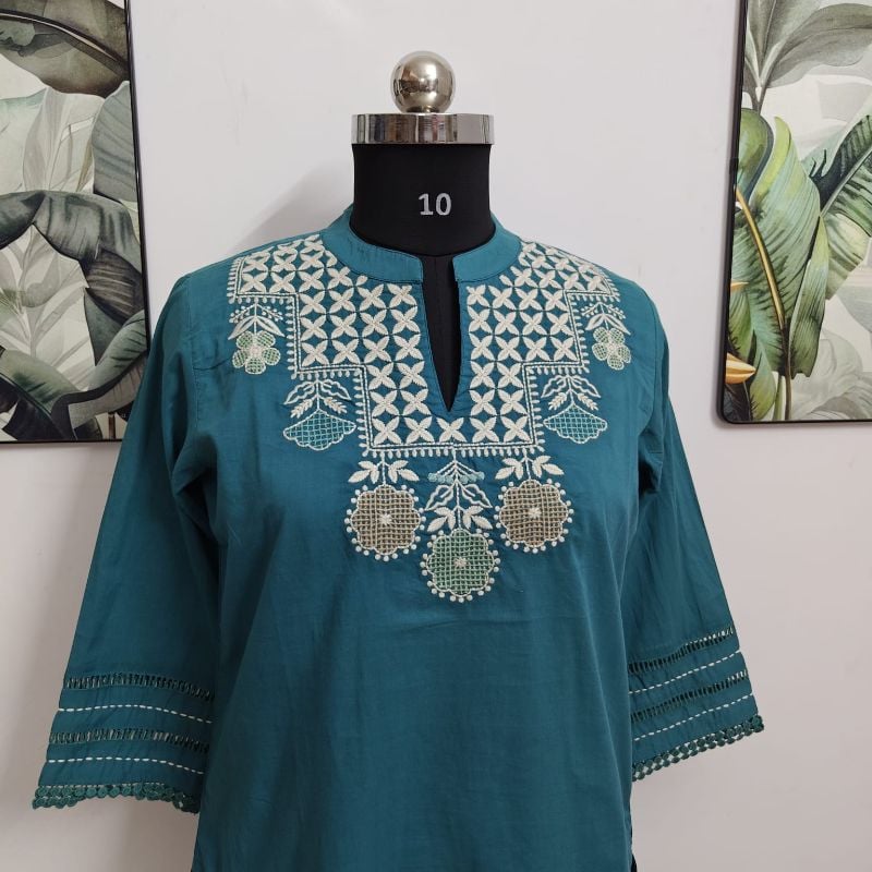 Teal Blue Geometric Thread Embroidered Short Kurti