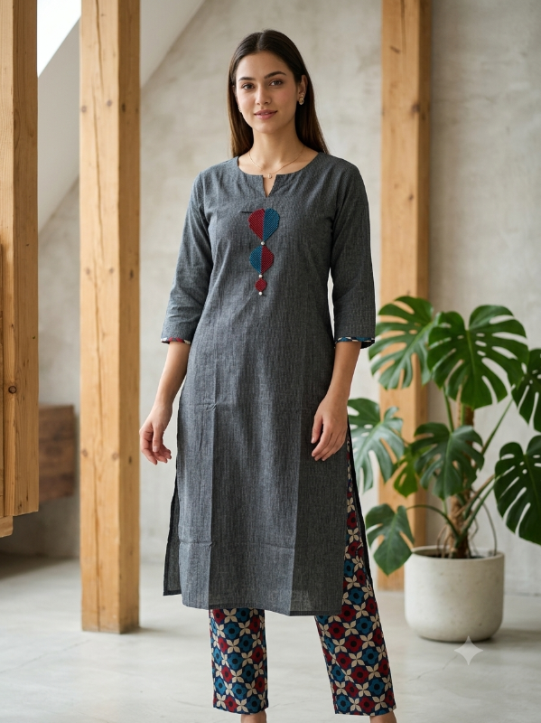 Anvita Geometric Embroidered Grey Kurta & Printed Pant Set