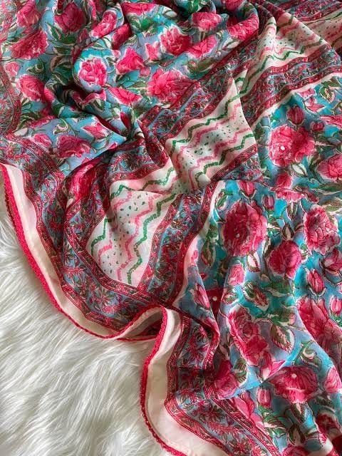 Turquoise & Rose Pink Floral Printed Georgette Saree