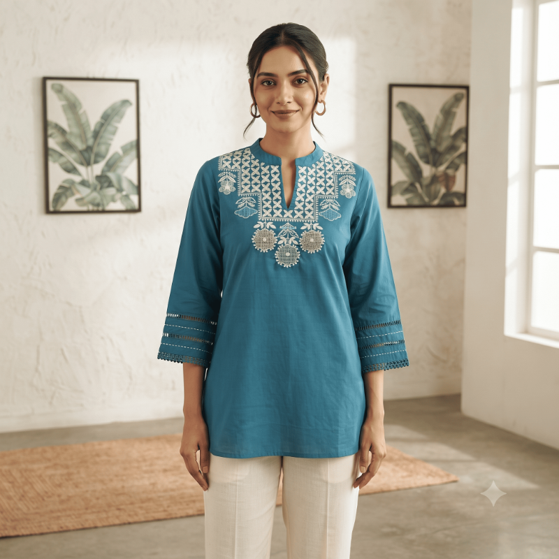 Teal Blue Geometric Thread Embroidered Short Kurti